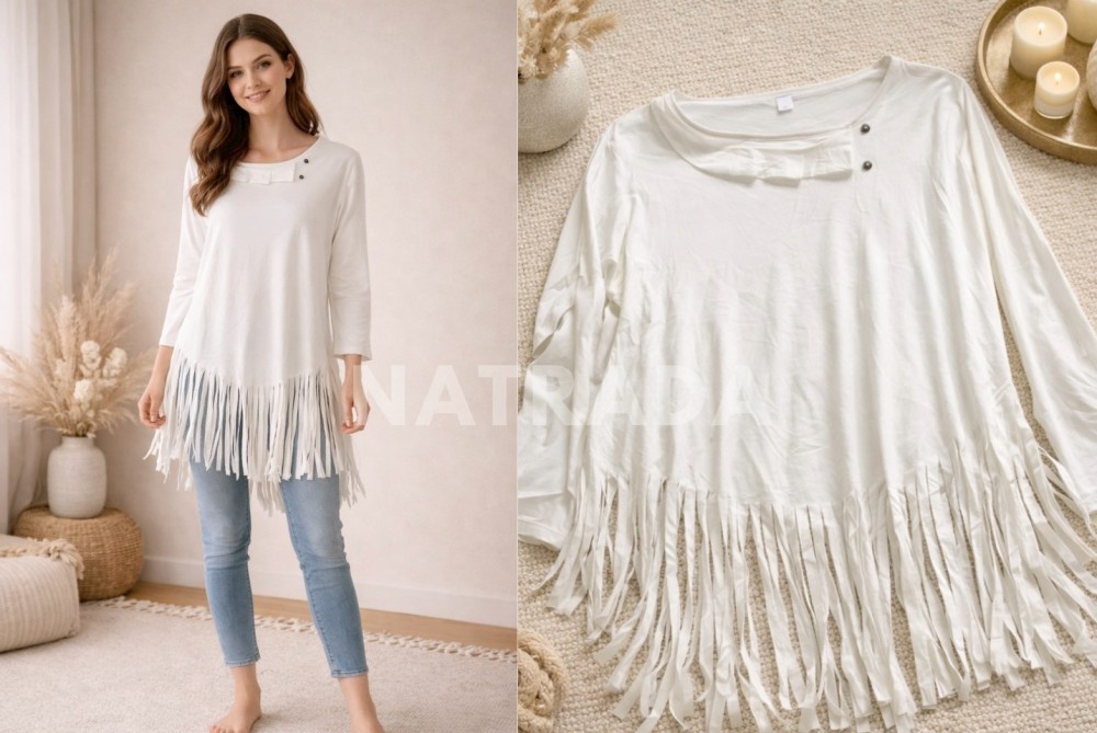 F013 : เสื้อแขนยาวแต่งพู่ชายเสื้อ (พร้อมส่งภายใน 24 ชม.) Fringe Hem Long Sleeve Top (ready to ship within 24 hrs.)
