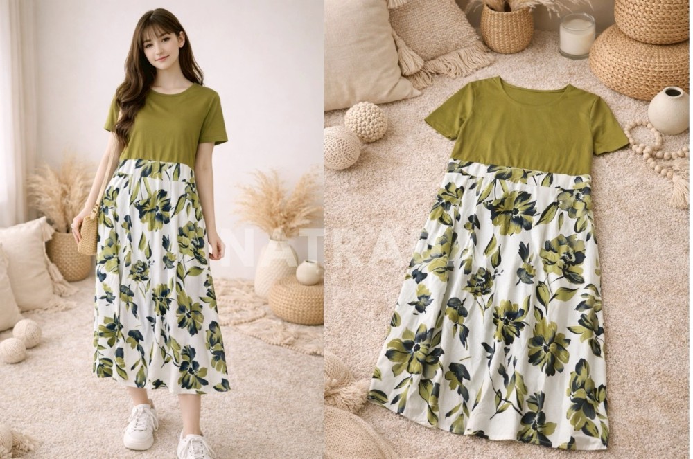 D020 : เดรสยาวลายดอกไม้โทนเขียว ทรงปล่อย (พร้อมส่งภายใน 24 ชม.) Floral Maxi Dress (ready to ship within 24 hrs.)