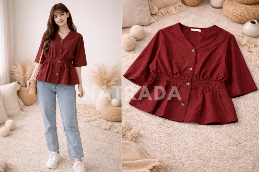 F012 : เสื้อแขนสั้นคอวีแต่งกระดุม เอวยางยืด (พร้อมส่งภายใน 24 ชม.) V-Neck Button Peplum Blouse (ready to ship within 24 hrs.)