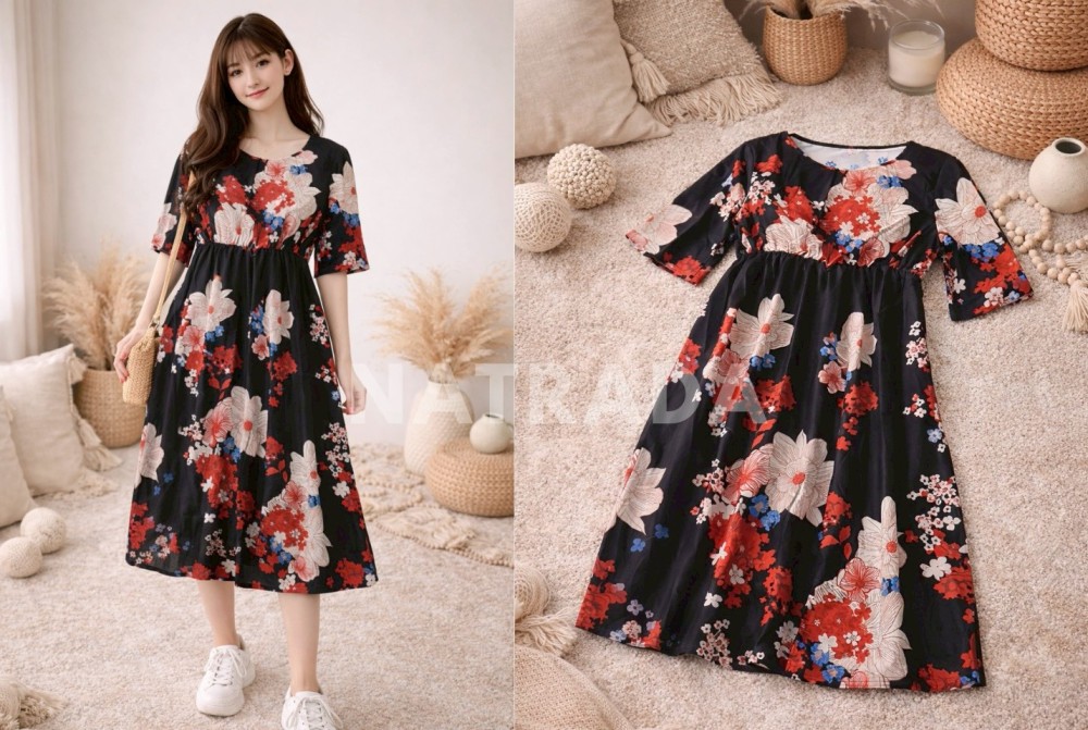 D018 : เดรสยาวลายดอกไม้ทรงปล่อย (พร้อมส่งภายใน 24 ชม.) Floral Midi Dress (ready to ship within 24 hrs.)
