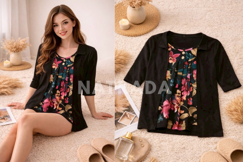 F011 : เสื้อแฟชั่นแขนสั้นลายดอกแต่งเลเยอร์ (พร้อมส่งภายใน 24 ชม.) Floral Layered Blouse (ready to ship within 24 hrs.)