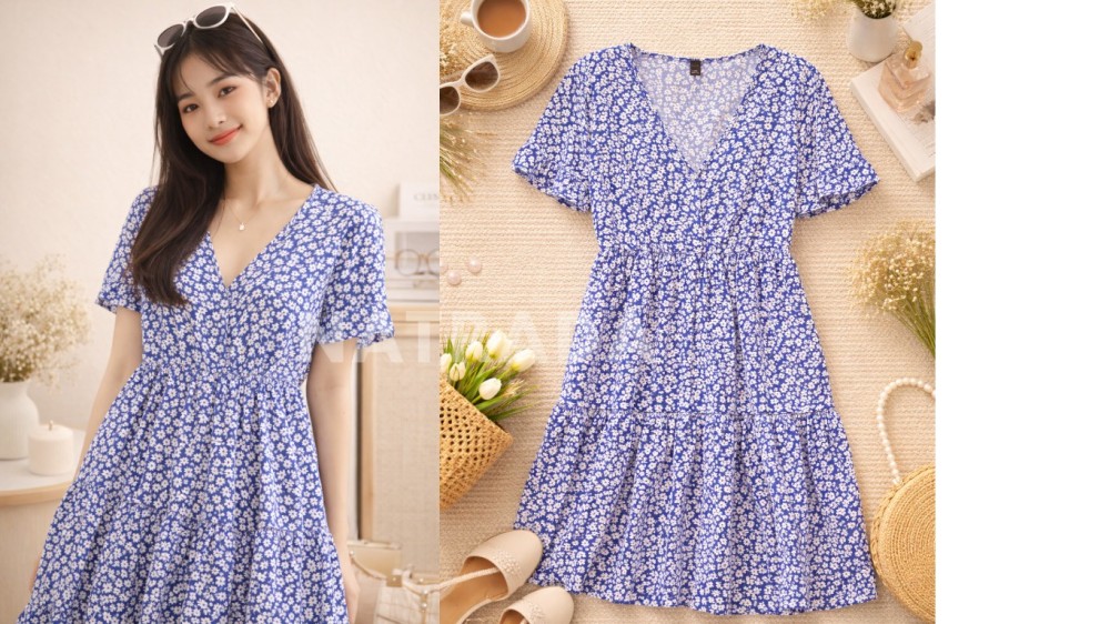 D010 : เดรสแขนสั้นสีน้ำเงิน ลายดอก (พร้อมส่งภายใน 24 ชม.) Short-sleeve blue floral dress (ready to ship within 24 hours)