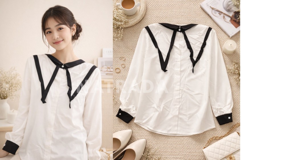 F04 : เสื้อเชิ้ตแขนยาว โบว์คอตัดแถบดำ (พร้อมส่งภายใน 24 ชม.) Long-sleeve shirt with a bow collar and black stripe (ready to ship within 24 hours)