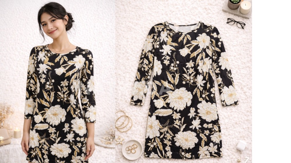 D011 :  มินิเดรสสีดำ ลายดอกไม้ (พร้อมส่งภายใน 24 ชม.) Black floral mini dress (ready to ship within 24 hours)