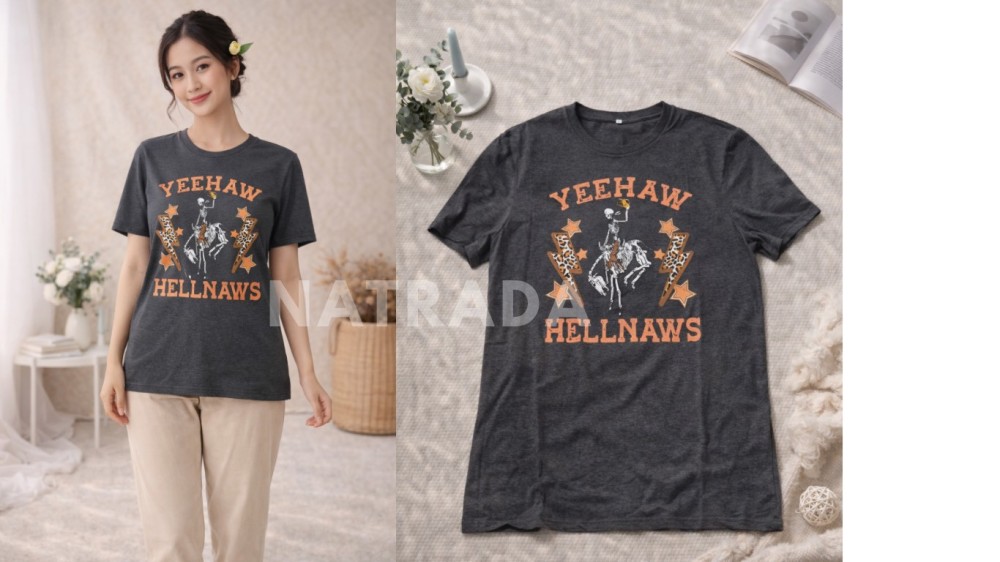 TS051 : เสื้อยืดสกรีนลายสกรีน YEEHAW HELLNAWS สไตล์วินเทจ (พร้อมส่งภายใน 24 ชม.) T-shirt printed with YEEHAW HELLNAWS design, vintage style (ready to ship within 24 hours)