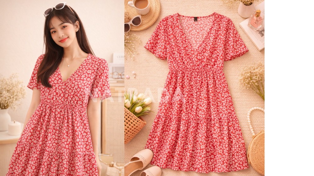 D012 :  เดรสสีแดง ลายดอก (พร้อมส่งภายใน 24 ชม.) Red floral dress (ready to ship within 24 hours)