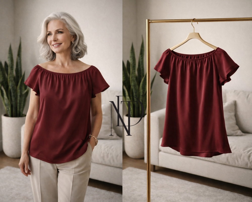 F010 : เสื้อเปิดไหล่แขนระบายสีไวน์แดง (พร้อมส่งภายใน 24 ชม.) Wine Off-Shoulder Blouse (ready to ship within 24 hrs.)