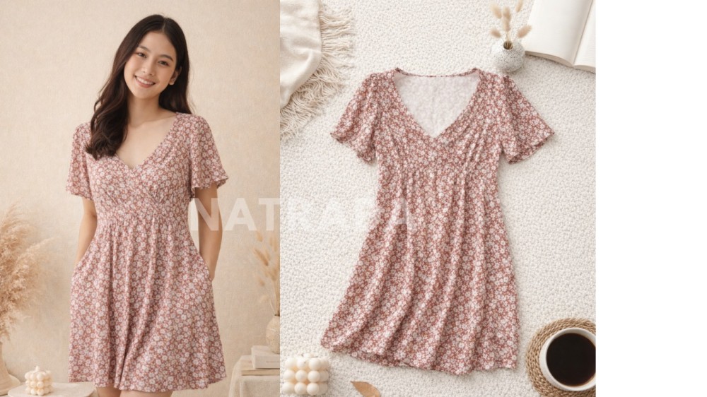 D022 : เดรสสีชมพูอ่อน ลายดอก คอวี  (พร้อมส่งภายใน 24 ชม.) Light pink floral dress with V-neck (ready to ship within 24 hours)