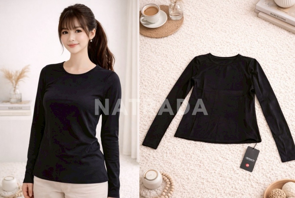 F033 : เสื้อแขนยาวสีดำทรงเรียบ  (พร้อมส่งภายใน 24 ชม.) Black long-sleeve shirt with a simple design (ready to ship within 24 hours)