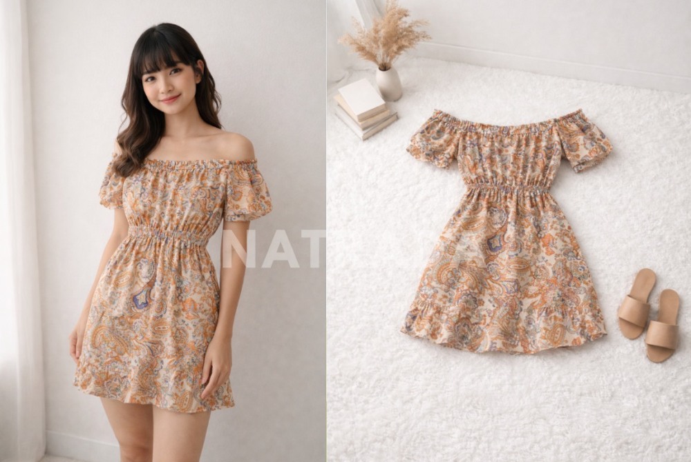D032 : เดรสสั้นเอวจั๊ม ลายปลาซลีย์หวานละมุน  (พร้อมส่งภายใน 24 ชม.) Short dress with a gathered waist, sweet Paisley pattern (ready to ship within 24 hours)