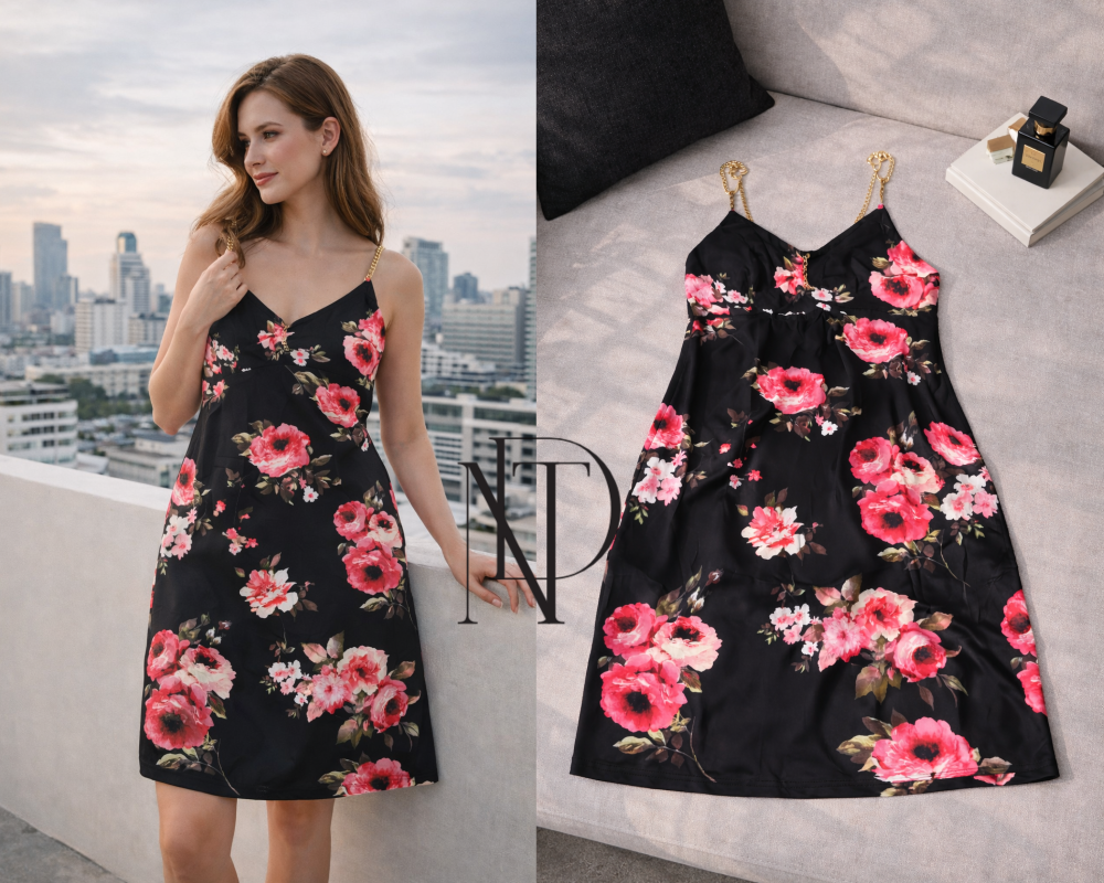 D034 : เดรสสายเดี่ยวลายกุหลาบโทนดำหรู (พร้อมส่งภายใน 24 ชม.)  Luxury black-tone rose print spaghetti strap dress (ready to ship within 24 hours)