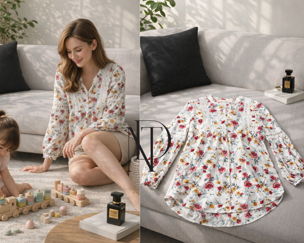 F021 : เสื้อแฟชั่นลายดอก (พร้อมส่งภายใน 24 ชม.) Floral print fashion shirt (ready to ship within 24 hours)