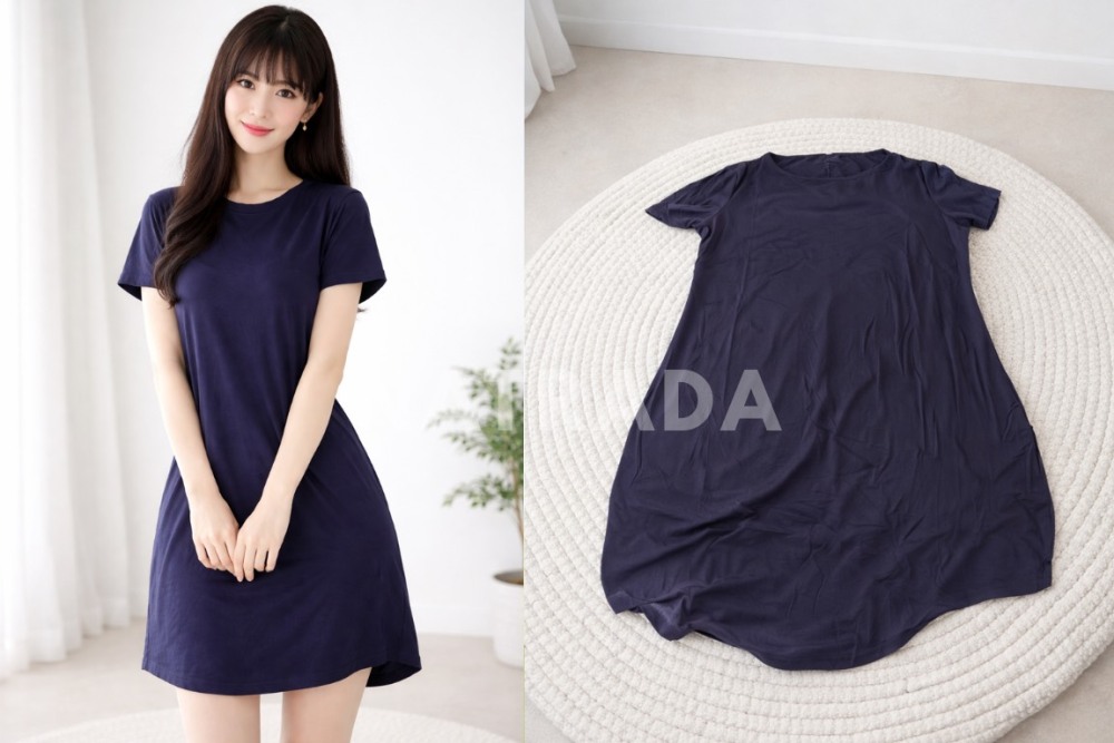 D033 : เดรสแขนสั้นสีกรม ทรงมินิมอล (พร้อมส่งภายใน 24 ชม.) Short-sleeve navy dress, minimal style (ready to ship within 24 hours)