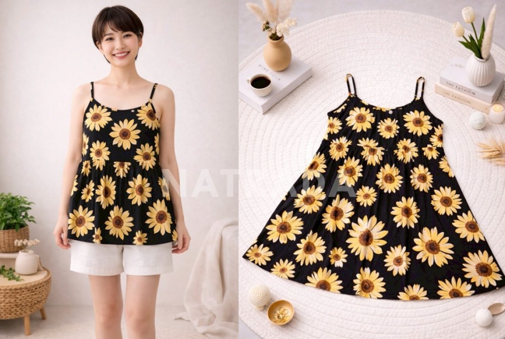 F033 : เสื้อสายเดี่ยวผู้หญิง ลายดอกทานตะวัน สีดำ (พร้อมส่งภายใน 24 ชม.) Women's sunflower print camisole, black (ready to ship within 24 hours)
