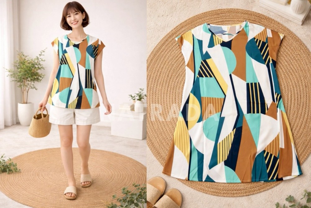 F034 : เสื้อแฟชั่นผู้หญิงแขนกุด ลายกราฟิกสีเขียว (พร้อมส่งภายใน 24 ชม.) Women's sleeveless fashion shirt with green graphic print (ready to ship within 24 hours)
