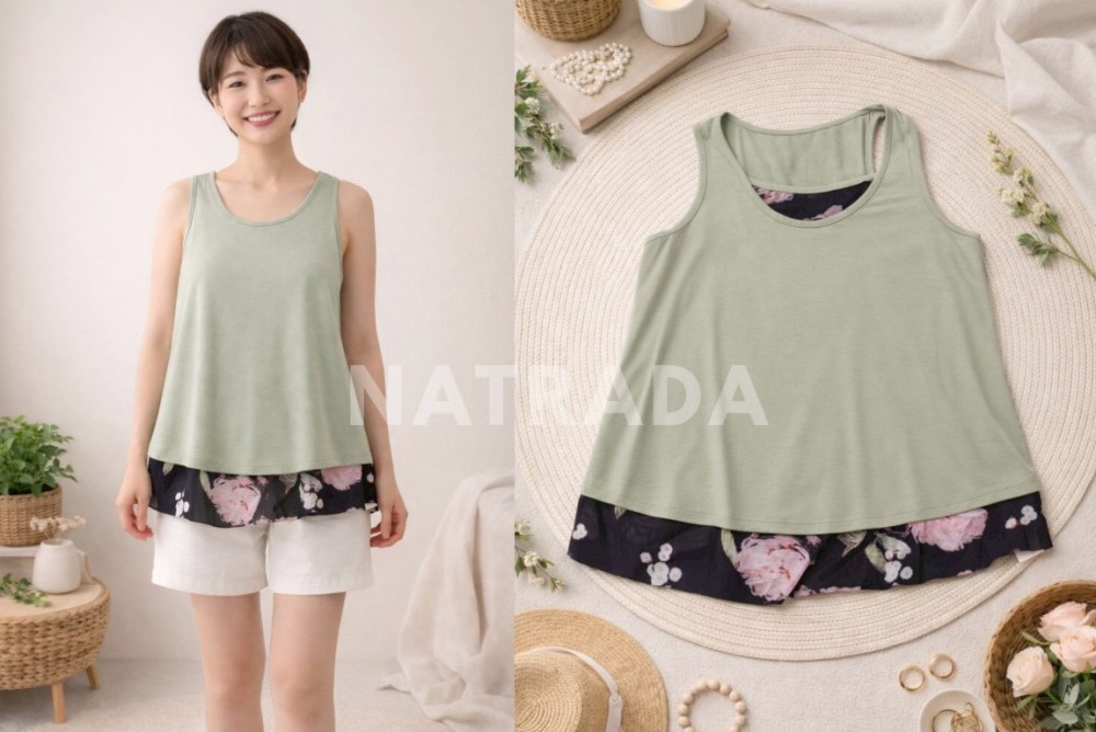 F035 : เสื้อแขนกุดผู้หญิง สีเขียวอ่อน แต่งชายลายดอก (พร้อมส่งภายใน 24 ชม.) Women's sleeveless shirt, light green, decorated with floral hem (ready to ship within 24 hours)