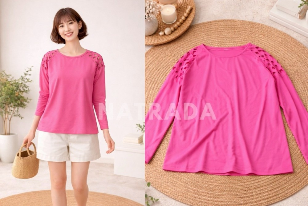 F036 : เสื้อแฟชั่นผู้หญิงแขนยาว สีชมพู ไหล่ฉลุลาย (พร้อมส่งภายใน 24 ชม.) Women's long-sleeve fashion shirt, pink, with cut-out shoulder pattern (ready to ship within 24 hours)