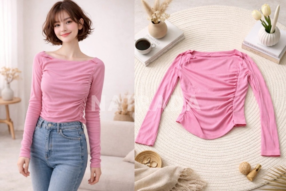 F023 : เสื้อแฟชั่นผู้หญิงแขนยาว จับจีบหน้าอก สีชมพู (พร้อมส่งภายใน 24 ชม.) Women’s long-sleeve fashion top with front chest pleats, pink (ready to ship within 24 hours)