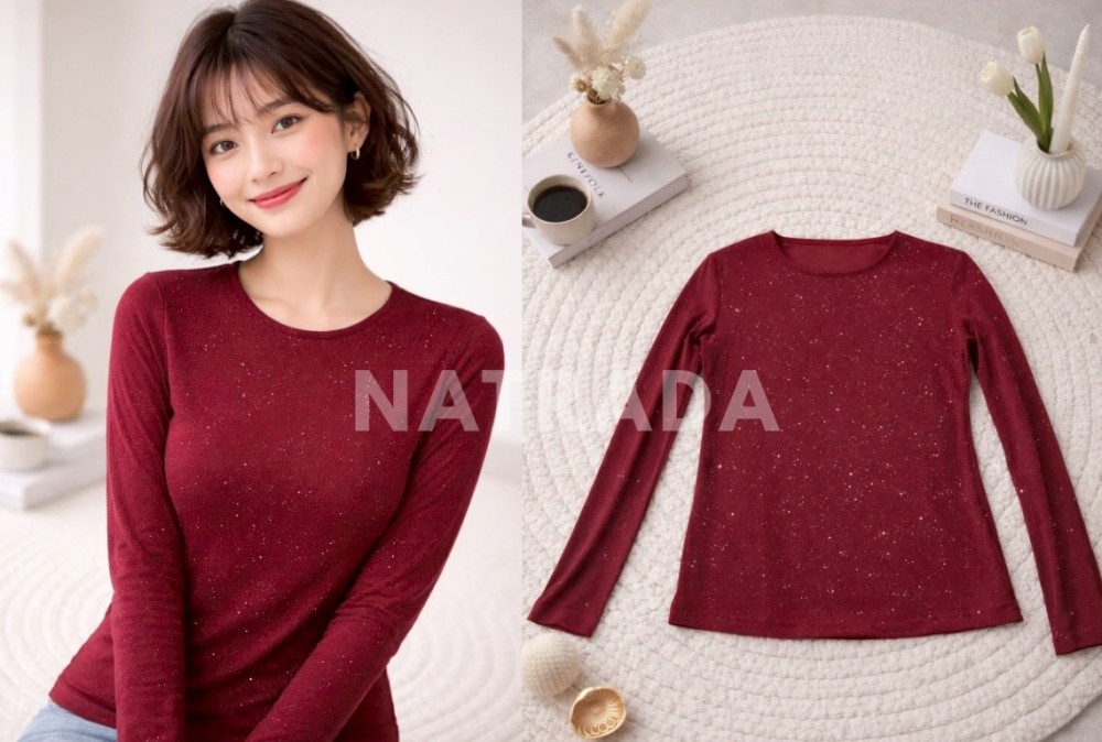 F25 : เสื้อแขนยาวผู้หญิง ผ้าประกายกลิตเตอร์ สีแดง (พร้อมส่งภายใน 24 ชม.) Women's long-sleeve shirt, glitter fabric, red (ready to ship within 24 hours)