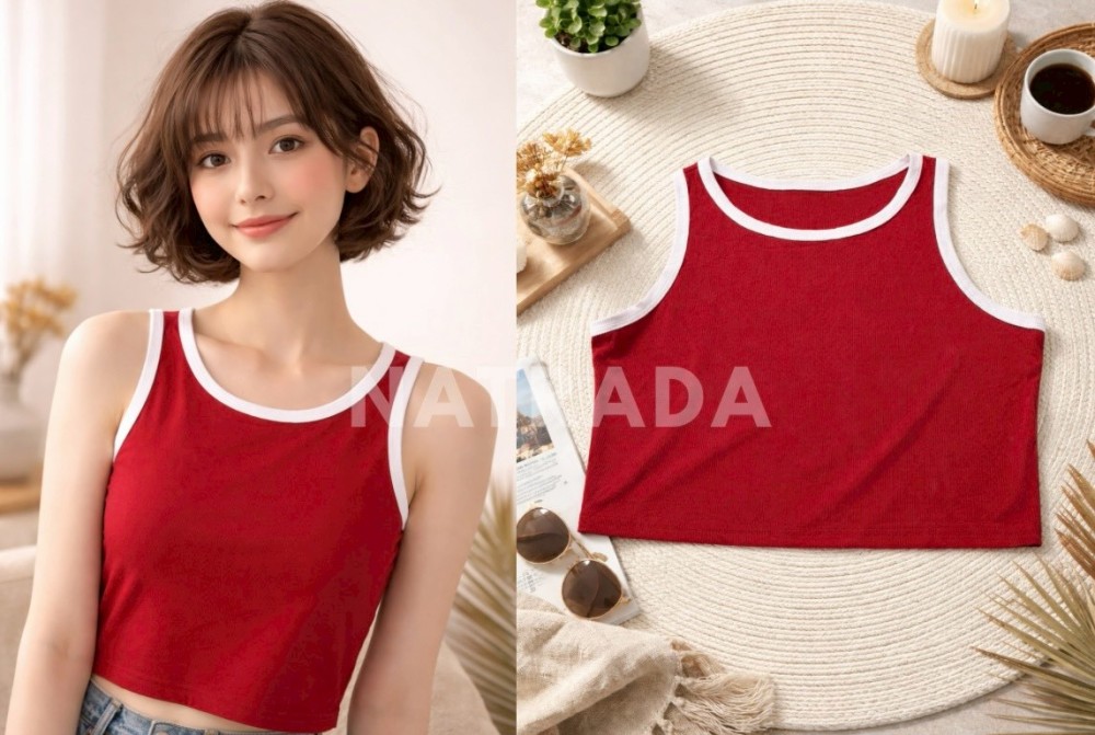 F026 : เสื้อครอปแขนกุดผู้หญิง สีแดง ขอบขาว (พร้อมส่งภายใน 24 ชม.) Women's sleeveless crop top, red with white trim (ready to ship within 24 hours)