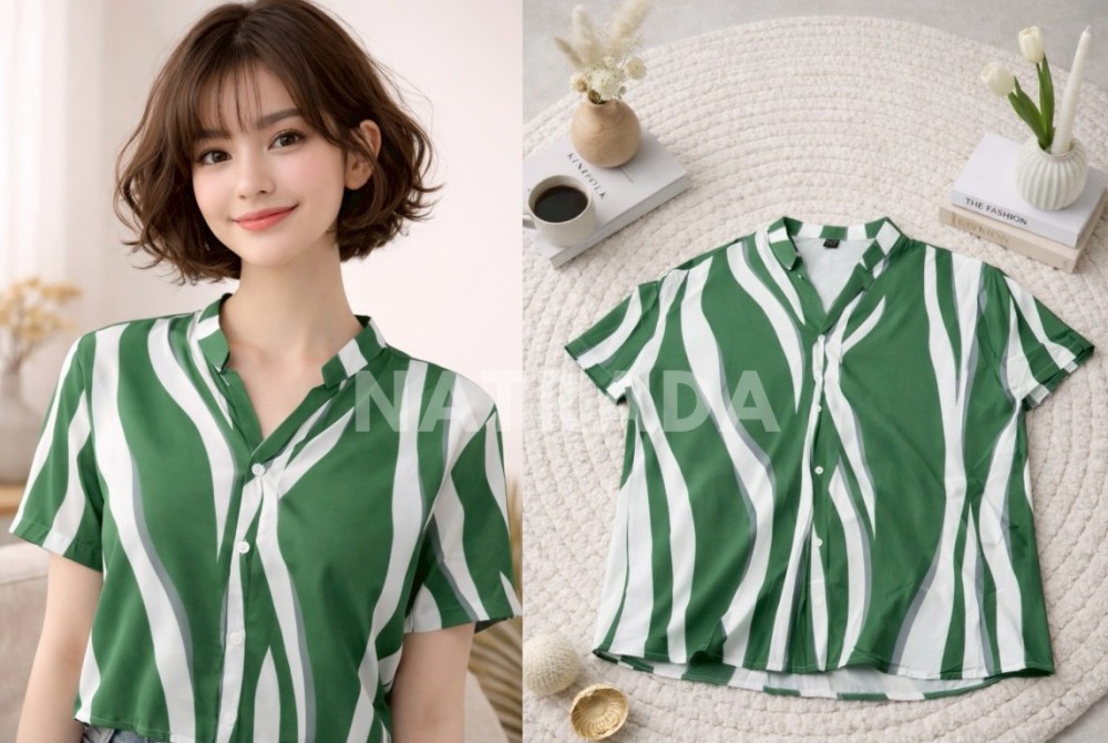 F27 : เสื้อเชิ้ตผู้หญิงแขนสั้น ลายทางสีเขียว สไตล์เกาหลี ทรงหลวม (พร้อมส่งภายใน 24 ชม.) Women's short-sleeve shirt, green stripes, Korean style, loose fit (ready to ship within 24 hours)