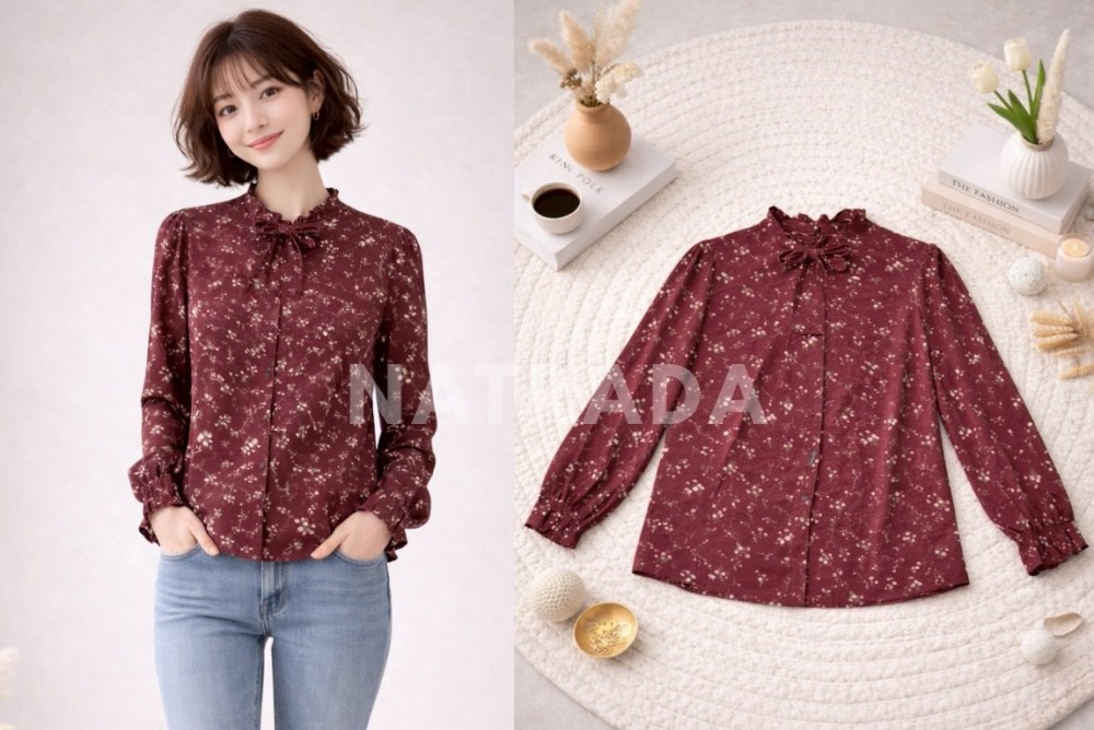 F028 : เสื้อเชิ้ตผู้หญิงลายดอก คอผูกโบว์ สีแดงเลือดหมู (พร้อมส่งภายใน 24 ชม.) Women's floral blouse with bow tie collar, maroon color (ready to ship within 24 hours)