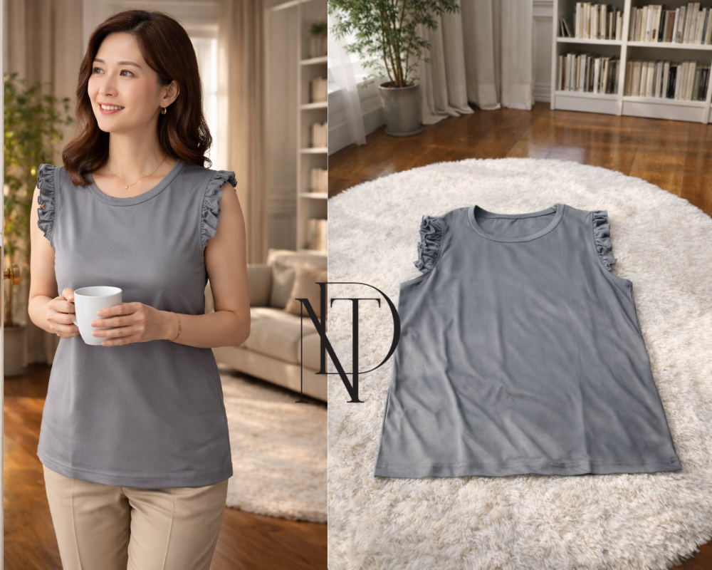 F039 : เสื้อแขนกุดผู้หญิง สีเทา คอกลม ดีไซน์แต่งระบายช่วงไหล่(พร้อมส่งภายใน 24 ชม.) Women's gray sleeveless top, round neck, designed with ruffles on the shoulders (ready to ship within 24 hours)