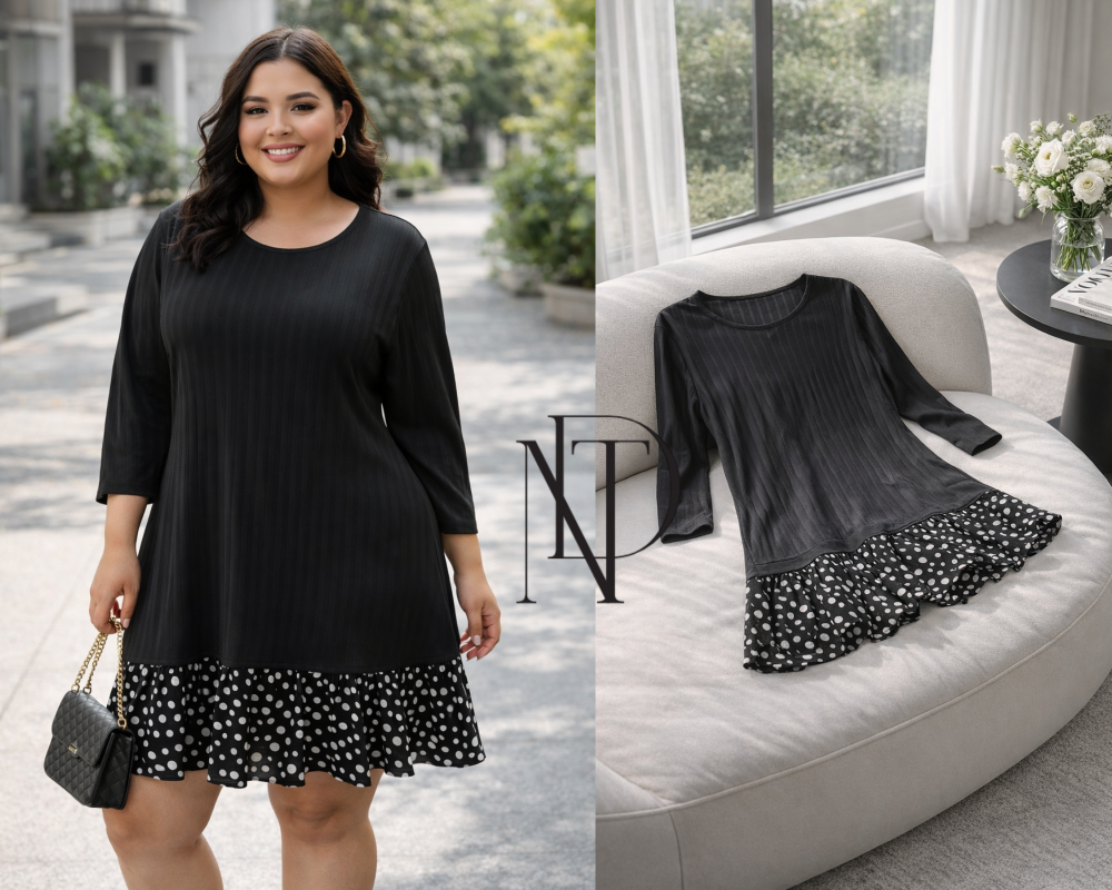 D064 : เดรสสีดำ แขนสามส่วน ชายระบายลายจุด(พร้อมส่งภายใน 24 ชม.) Black dress with three-quarter sleeves and polka dot ruffled hem (ready to ship within 24 hours)