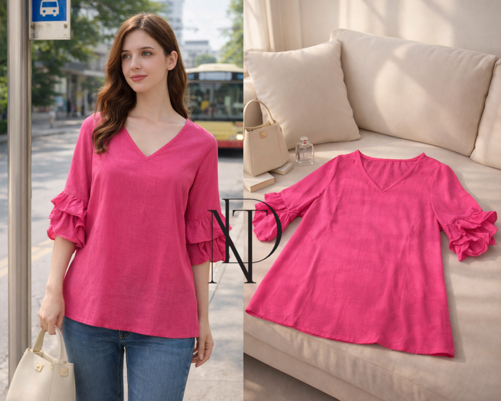 F040 : เสื้อแฟชั่นผู้หญิงคอวี สีชมพู แขนระบาย ทรงปล่อย(พร้อมส่งภายใน 24 ชม.) Women's V-neck fashion blouse, pink, ruffled sleeves, loose fit (ready to ship within 24 hours)