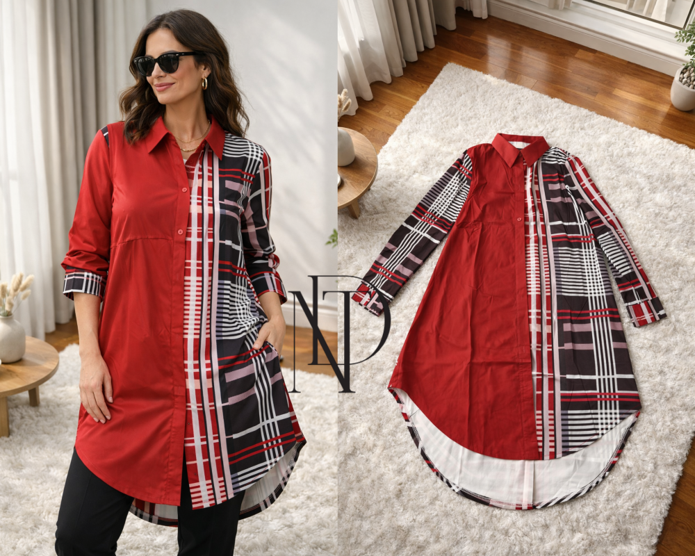 D037 : เดรสเชิ้ตผู้หญิงแขนยาว สีแดง ดีไซน์ลายสก็อต(พร้อมส่งภายใน 24 ชม.) Women's long-sleeve shirt dress, red, plaid design (ready to ship within 24 hours)