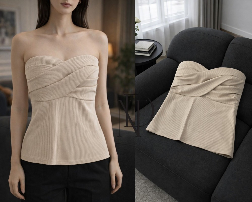 F063 : เสื้อเกาะอกผู้หญิง สีเบจ ลายริ้ว ดีไซน์ไขว้ช่วงอก(พร้อมส่งภายใน 24 ชม.) Women's strapless top, beige color, striped pattern, crisscross design at the chest (ready to ship within 24 hours)
