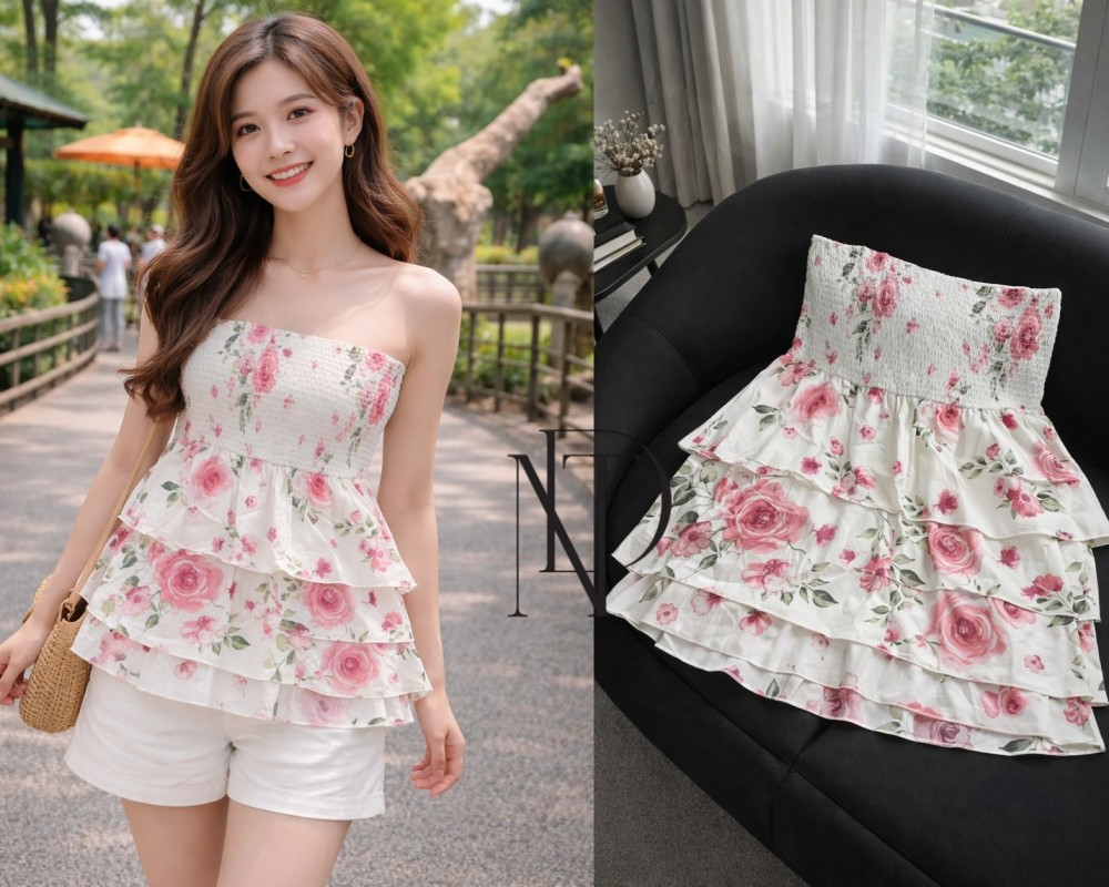 F050 : เสื้อเกาะอกสม็อค ลายกุหลาบ ระบายชั้น(พร้อมส่งภายใน 24 ชม.) Smocked strapless top with rose pattern and layered ruffles (ready to ship within 24 hours)