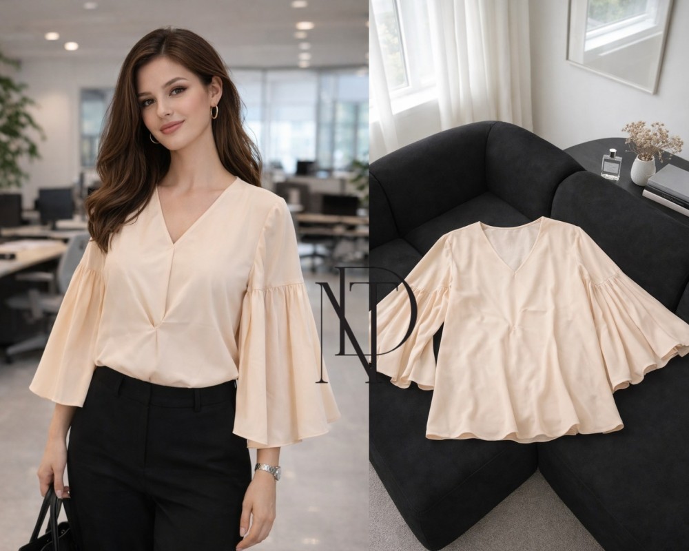 F043 : เสื้อผู้หญิงคอวี สีครีม แขนระบาย ทรงสุภาพ(พร้อมส่งภายใน 24 ชม.) Women’s V-neck shirt, cream color, ruffled sleeves, modest fit (ready to ship within 24 hours)