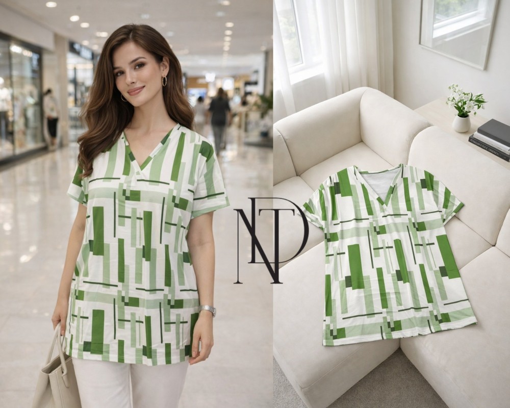F044 :เสื้อผู้หญิงคอวี แขนสั้น ลายกราฟิก สีเขียว-ขาว(พร้อมส่งภายใน 24 ชม.) Women's V-neck short-sleeve shirt, graphic pattern, green-white (ready to ship within 24 hours)