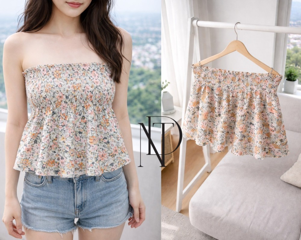 F049 : เสื้อเกาะอกสม็อค ลายดอกเล็ก ชายระบาย(พร้อมส่งภายใน 24 ชม.) Smocked strapless top with small floral pattern, ruffled hem (ready to ship within 24 hours)