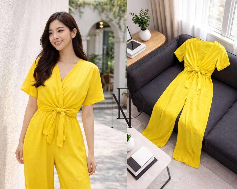 D041 : จั๊มสูทสีเหลืองซันไชน์ ผูกเอว (พร้อมส่งภายใน 24 ชม.) Sunshine yellow suit with tie waist (ready to ship within 24 hours)