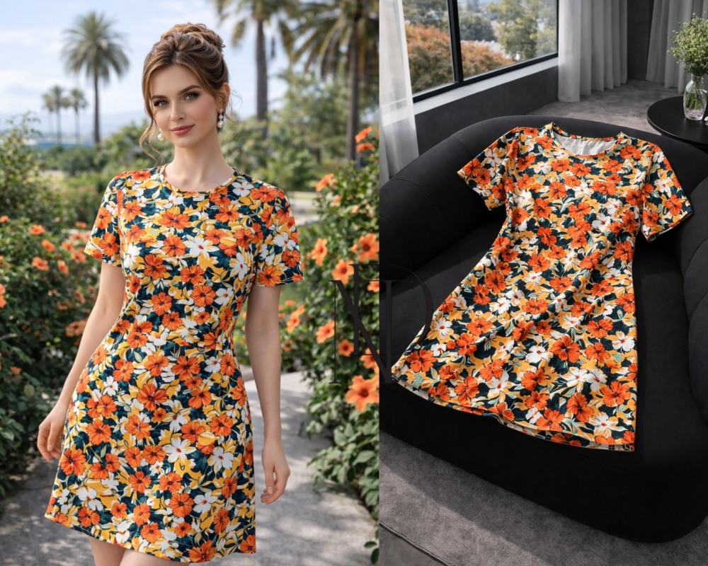 D044 : เดรสสวนส้มบลอสซั่ม (พร้อมส่งภายใน 24 ชม.) Orange Blossom Garden Dress (ready to ship within 24 hours)