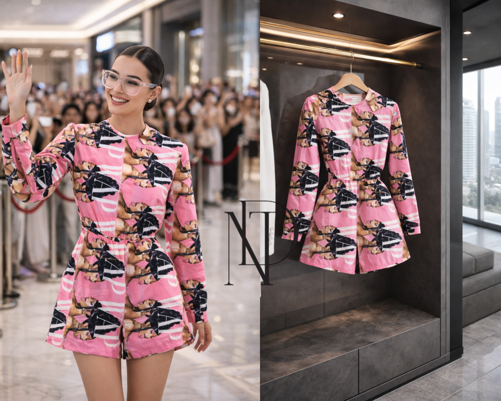 D039 : เดรสแฟชั่นผู้หญิง แขนยาว สีชมพู ลายกราฟิกแฟชั่นทรงเอวเข้ารูป(พร้อมส่งภายใน 24 ชม.) Women's fashion dress, long sleeves, pink, fashion graphic pattern, fitted waist style (ready to ship within 24 hours)