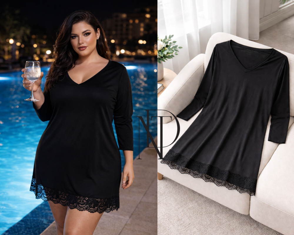 D065 : เดรสสีดำ คอวี แขนสามส่วน ชายกระโปรงลูกไม้(พร้อมส่งภายใน 24 ชม.) Black dress, V-neck, three-quarter sleeves, lace hem (ready to ship within 24 hours)