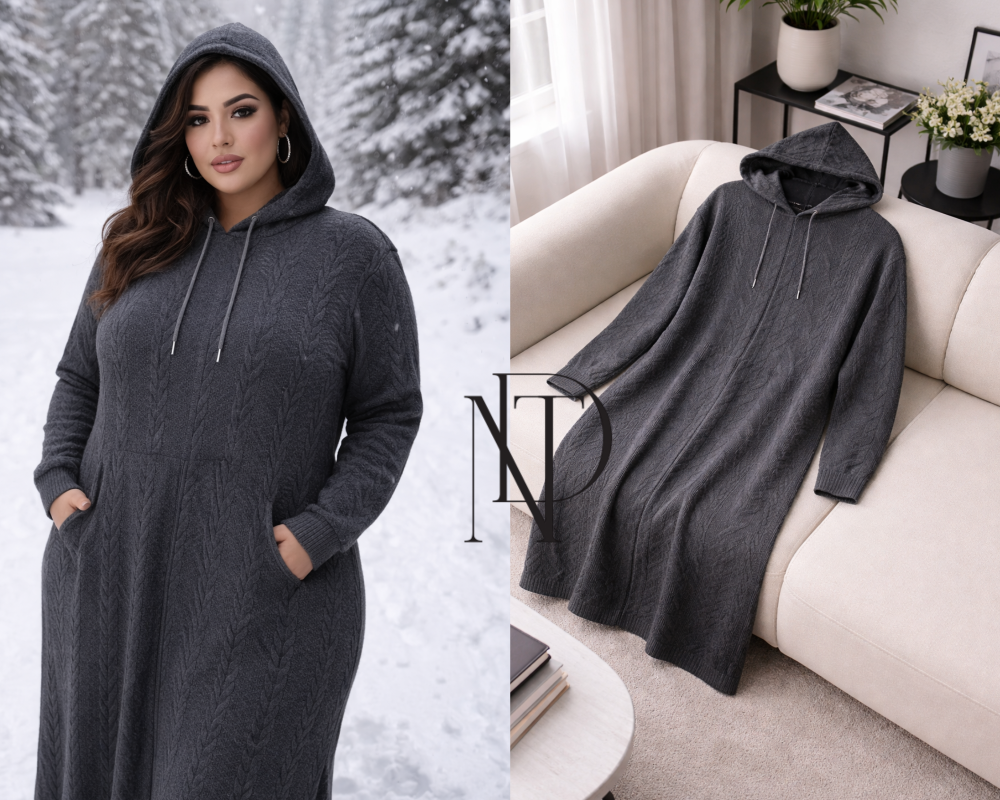 D062 : เดรสไหมพรมมีฮู้ด แขนยาว ทรงยาว(พร้อมส่งภายใน 24 ชม.) Knit yarn dress with hood, long sleeves, long style (ready to ship within 24 hours)