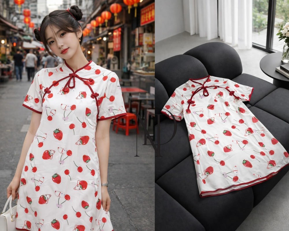 D072 : เดรสผู้หญิงสไตล์กี่เพ้า ลายสตรอว์เบอร์รี่-เชอร์รี่ โทนขาวแดง(พร้อมส่งภายใน 24 ชม.) Women's qipao-style dress, strawberry-cherry pattern, white and red tone (ready to ship within 24 hours)