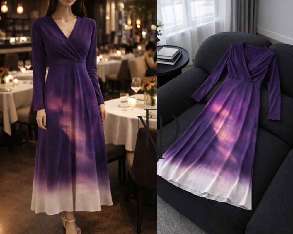 D073 : เดรสม่วงไล่เฉดพรีเมียม(พร้อมส่งภายใน 24 ชม.) Premium gradient purple dress (ready to ship within 24 hours)