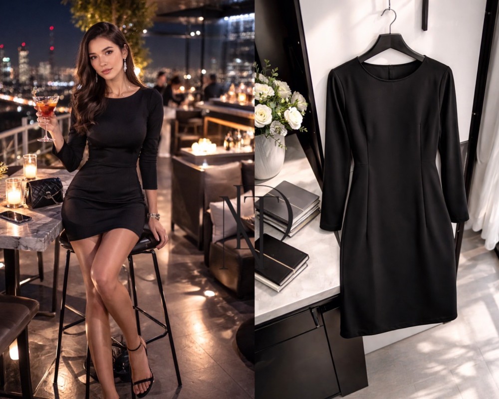 D074 :เดรสดำเข้ารูป แขนยาว ใส่ออกงาน(พร้อมส่งภายใน 24 ชม.) Fitted black dress, long sleeves, suitable for events (ready to ship within 24 hours)