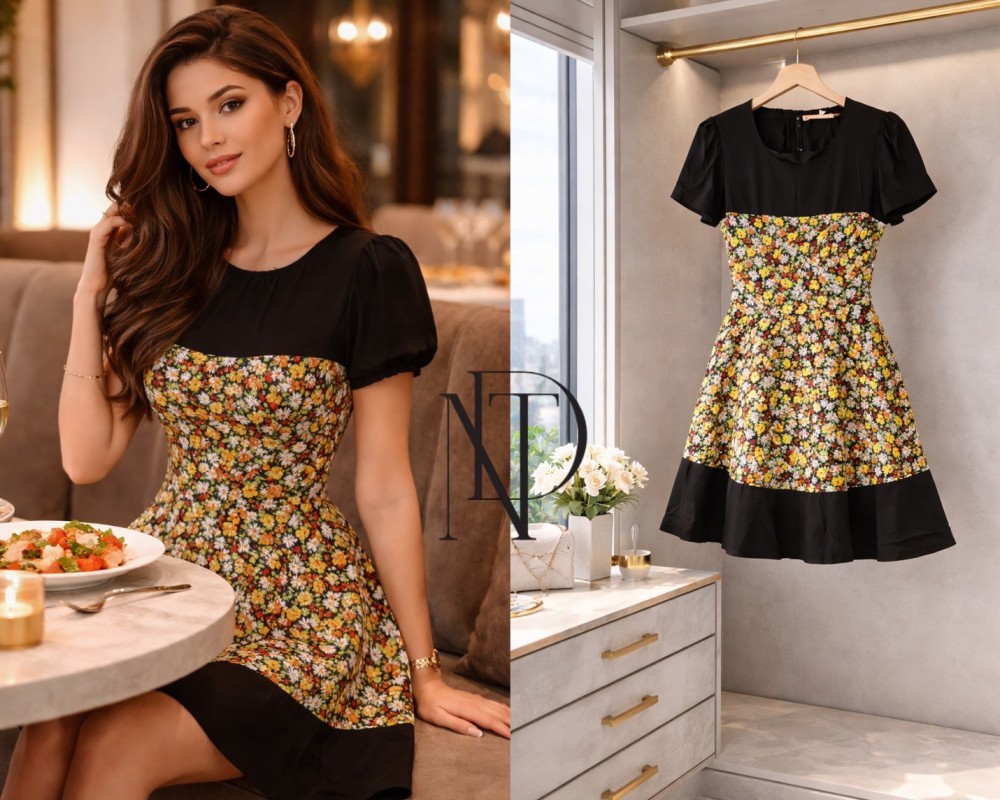D086 : เดรสลายดอก โทนดำ เหลือง(พร้อมส่งภายใน 24 ชม.) Floral print dress, black and yellow tone (ready to ship within 24 hrs.)