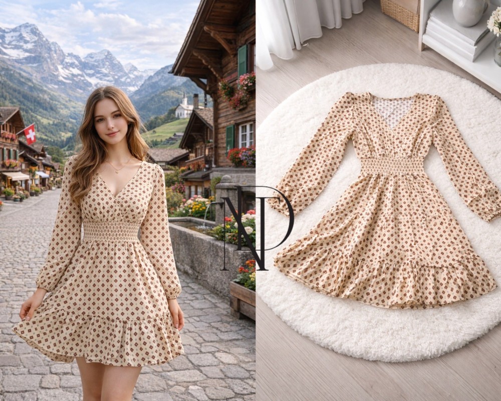D087 : เดรสแขนยาว จั๊มเอว ลายวินเทจโทนเบจ น้ำตาล(พร้อมส่งภายใน 24 ชม.) Long-sleeve dress, cinched waist, vintage pattern in beige and brown (ready to ship within 24 hours)