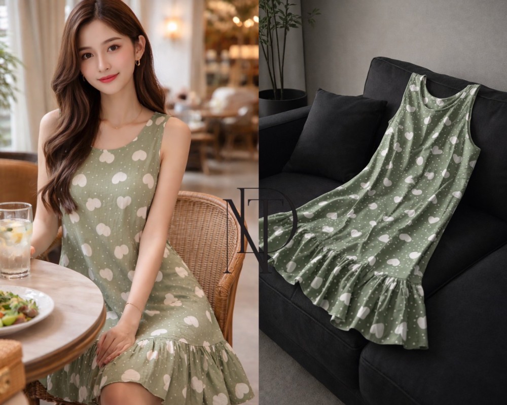 D089 : เดรสสีเขียวหม่น ลายหัวใจ(พร้อมส่งภายใน 24 ชม.) Dull green dress with heart pattern (ready to ship within 24 hours)