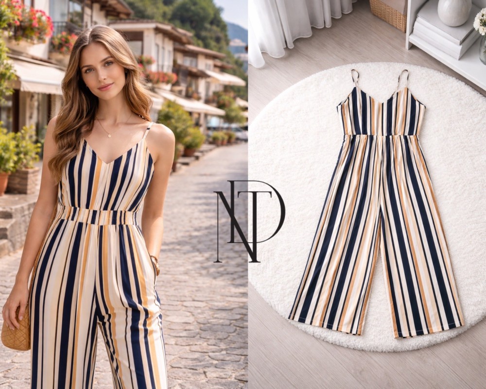 D075 : จั๊มสูทลายทาง โทนครีมน้ำเงิน(พร้อมส่งภายใน 24 ชม.) Striped jumpsuit, cream and blue tones (ready to ship within 24 hours)