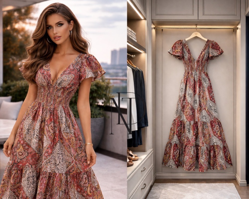 D076 : เดรสยาวลายโบฮีเมียน(พร้อมส่งภายใน 24 ชม.) Bohemian print long dress (ready to ship within 24 hours)