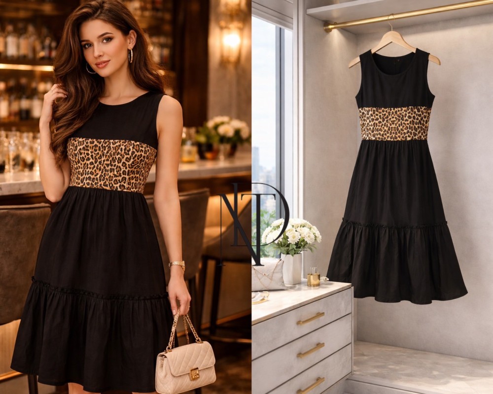 D077 : เดรสสีดำผสมลายเสือ(พร้อมส่งภายใน 24 ชม.) Black dress mixed with leopard print (ready to ship within 24 hours)