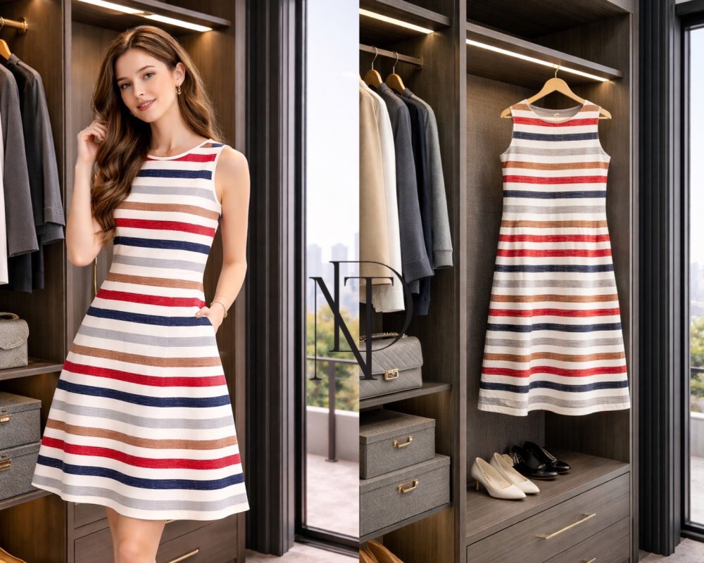 D078 : เดรสลายทางสีแดงน้ำเงิน ทรงสวย(พร้อมส่งภายใน 24 ชม.) Red and blue striped dress, beautiful design (ready to ship within 24 hours)